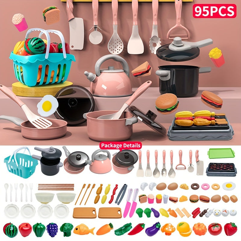 32/65/87/95pcs Kids Kitchen Play Set - Pretend Play Cooking and Serving Toy with Fruits, Vegetables, Utensils - Colorful Role-Play Gift for Boys and Girls