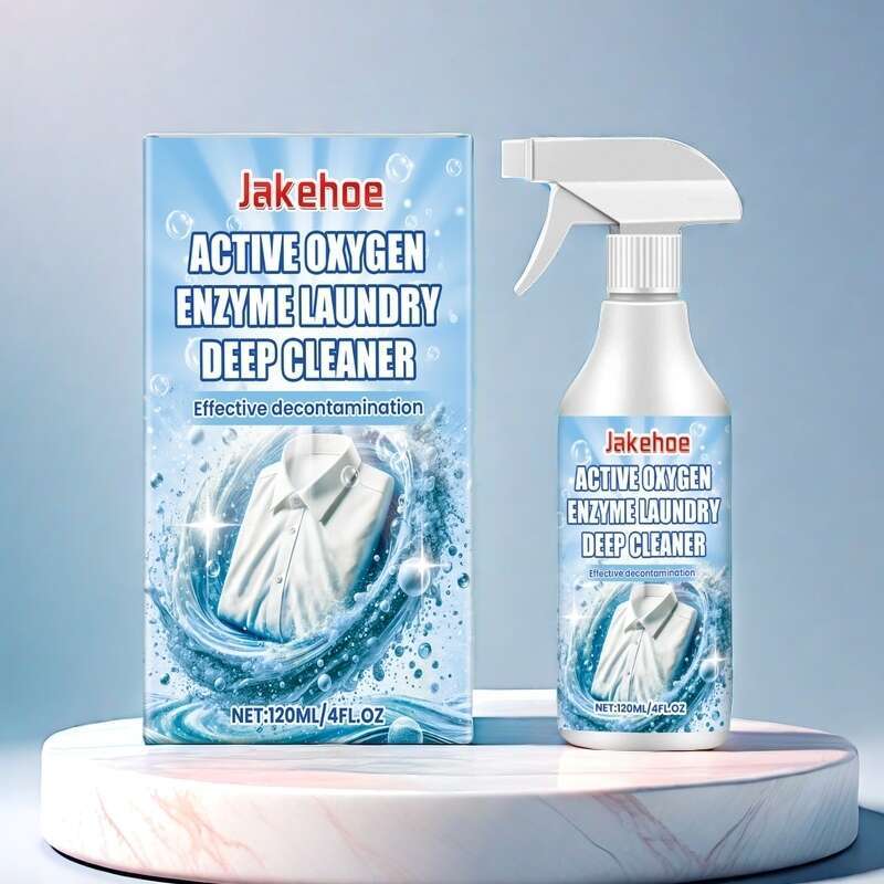 Jakehoe Active Oxygen Enzyme Laundry Deep Cleaner, 120ml size, enhanced with Sodium Bicarbonate for fabric cleaning effectiveness. This smokeless liquid detergent is perfect for removing stains and dirt, with added decontamination spray for a deeper