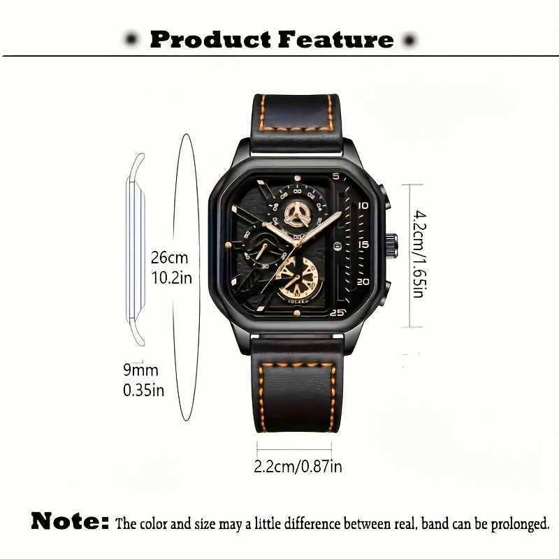 Men's sports watch with quartz movement, square alloy case, faux leather strap. Non-waterproof and battery powered with calendar feature. Stylish for everyday wear.