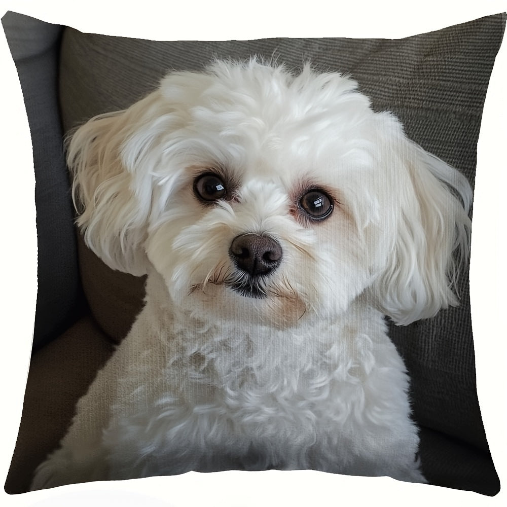 White dog sofa pillow cover with a chic design, made of soft short plush material. Features a double-sided design with zipper closure, ideal for Valentine's and Christmas decor. Insert not included.