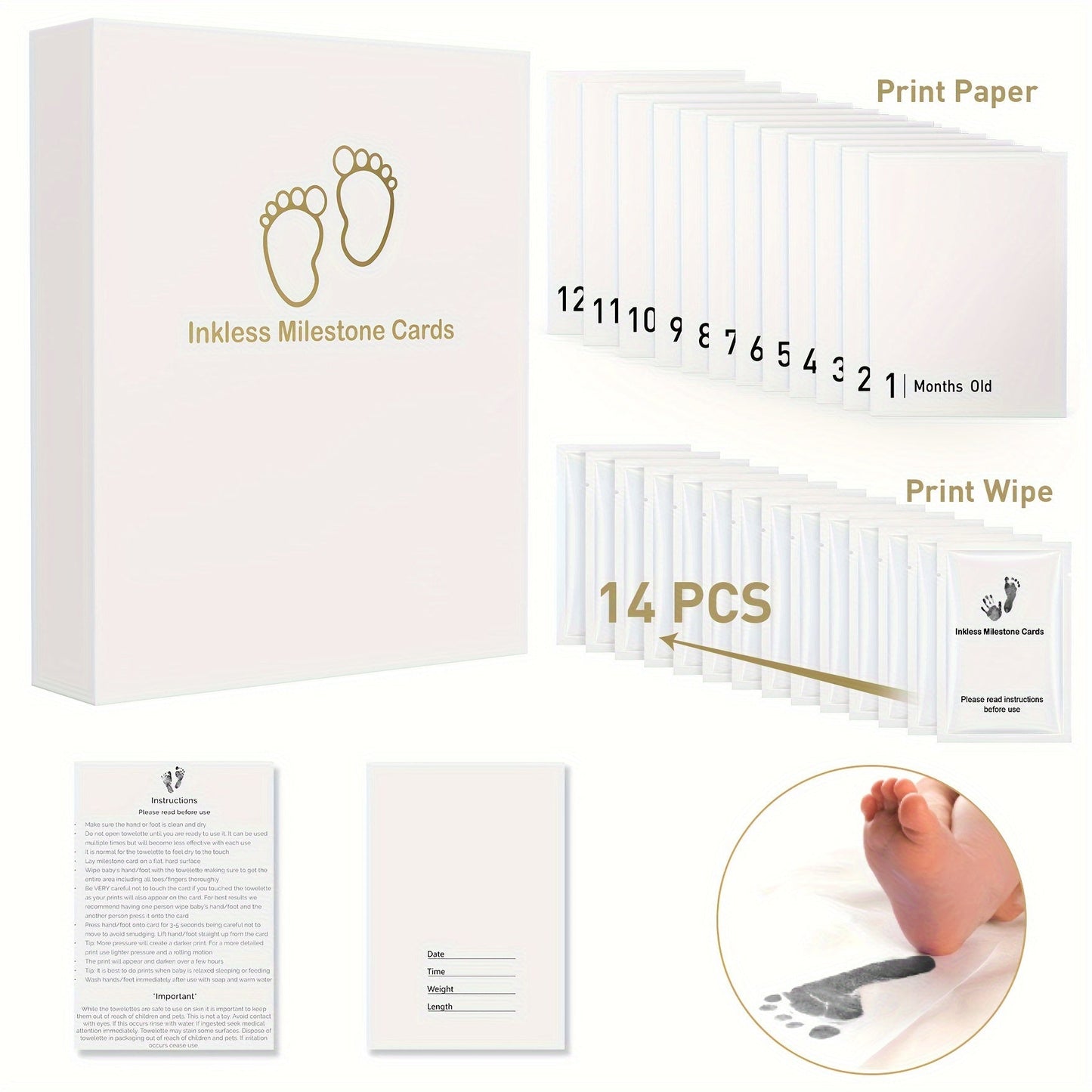 Footprint & Handprint Milestone Kit with 14 Pieces, from AI BEI PARENT CO. Includes Safe Non-Toxic Ink Pads, Print Paper Set for Memory Keepsake Craft. Comes with 14 Ink Pads and 14 Papers, suitable for babies up to 12 months old.