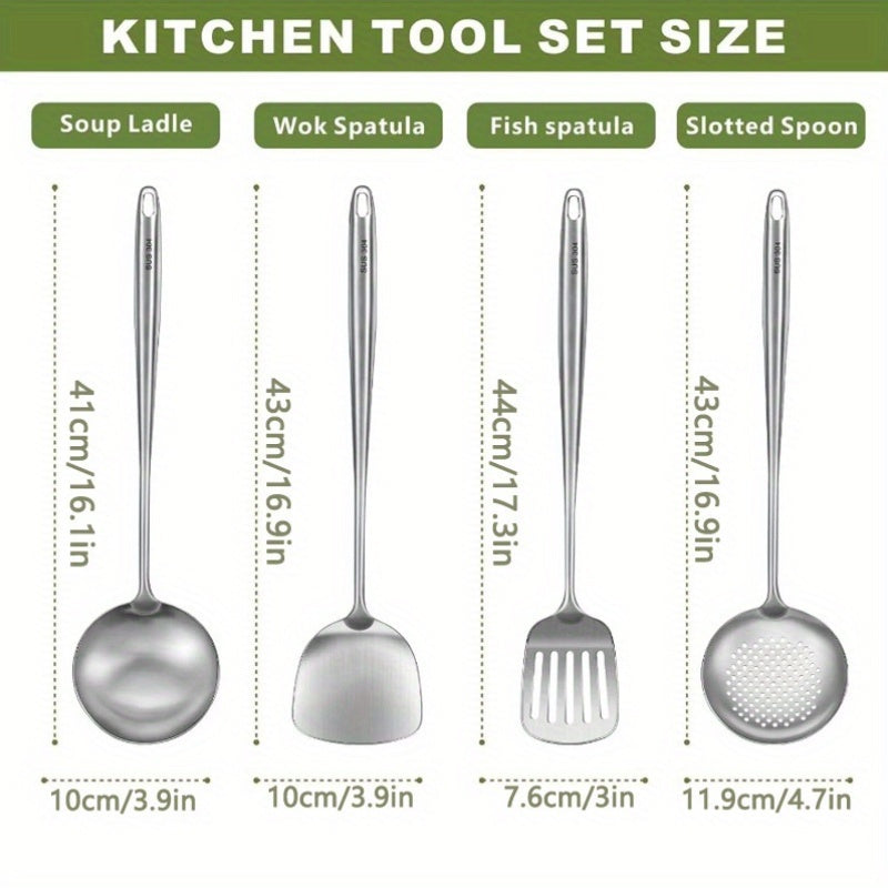 Complete Stainless Steel Kitchen Utensil Set - Durable Cooking Tools with Ladle, Wok Spatula, Fish Spatula, and Slotted Spoon - Ideal for Family Cooking with Large Capacity, Sturdy Rim, and Sleek Edges