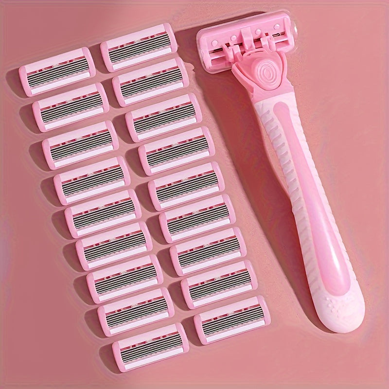 Women's bikini hair removal kit with 6-layer stainless steel blades, replaceable heads, hypoallergenic, and washable for all skin types.