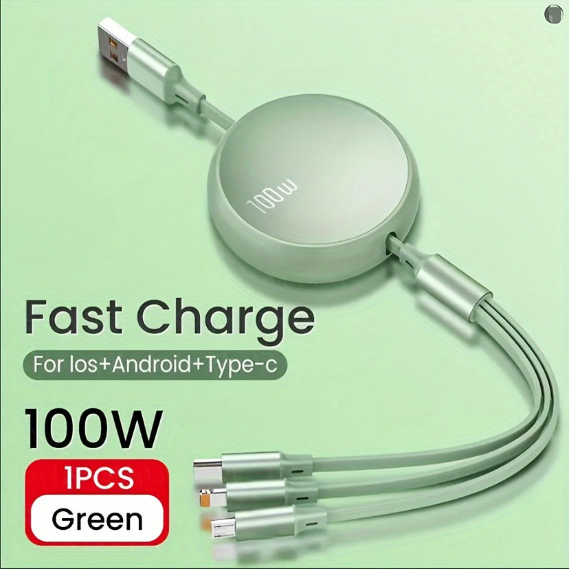 Retractable USB charging cable with 6A 100W fast charging for iPhone, Huawei, Samsung, etc. Data sync speed of 480Mbps and USB power supply under 36V.