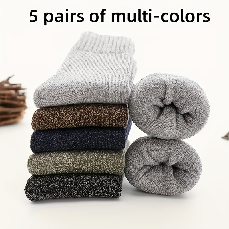 5 pairs of men's thick wool blend mid-calf winter socks in solid colors, soft and warm for casual or cold weather. Gift-ready packaging, quality fabric.