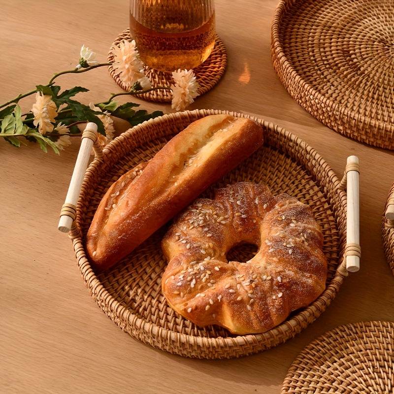 Handcrafted Rattan Serving Tray with Double Handles - Ideal for serving tea, fruit, bread, snacks, and as a storage basket or trivet mat. A versatile addition to your home kitchen essentials.