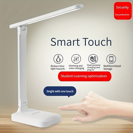 Smart touch LED desk lamp with 3-level dimmable light, eye protection, adjustable arm, USB powered, rust resistant, for indoor use. Includes cord.