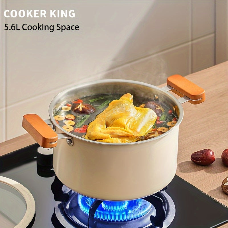 The Stainless Steel Stockpot from COOKER KING holds 5.6L, making it a Large Soup Pot with Lid and Double Handles. It is Non-Coated and Induction Compatible, perfect for making Stews and Soups. The pot has a 22cm diameter.