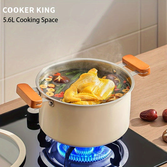 COOKER KING ning zanglamas po'latdan yasalgan qozoni 5.6L sig'imga ega bo'lib, bu katta sup qozoni qopqoq va ikki tutqich bilan. U qoplamasiz va induksiya bilan mos keladi, qaynatmalar va sup tayyorlash uchun juda mos. Qozonning diametri 22 sm.