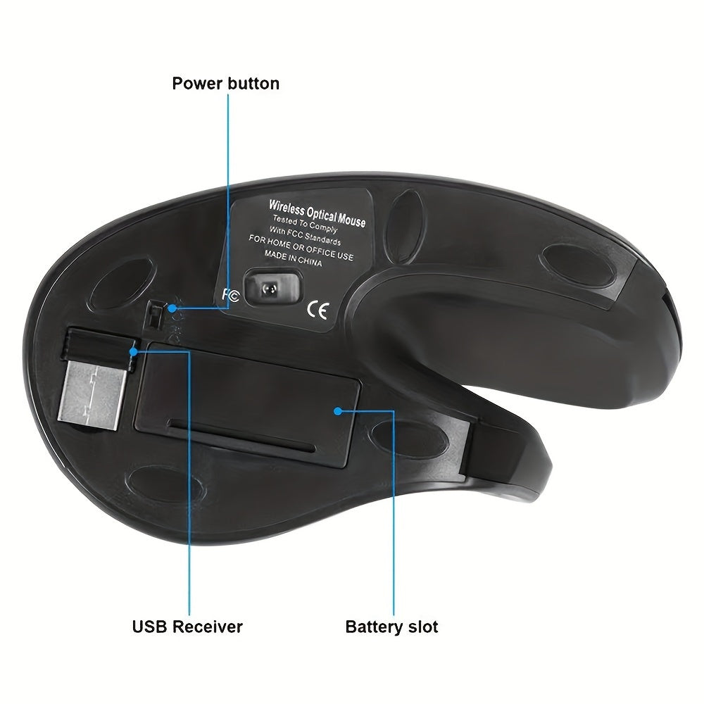 Battery-powered ergonomic wireless mouse designed for gaming and compatible with Windows XP for use with PC or laptop in a home office.