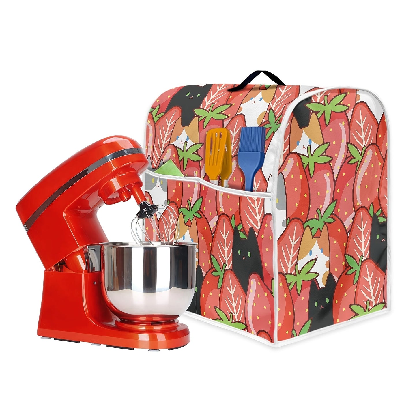 Adorable Strawberry and Kitten Cartoon Stand Mixer Cover - Designed for 6-8 Quart Mixers, Made of Polyester for Dust Protection, Features Top Handle and Accessory Pocket, Perfect for Strawberry Fans, 1 Piece Dust Cover included