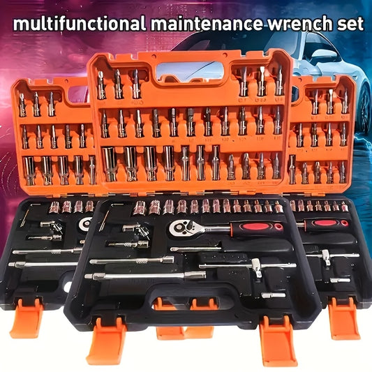 High-quality car repair kit includes essential tools for automotive maintenance and repair, featuring quick ratchet wrenches and mechanical repair tools, battery-free.