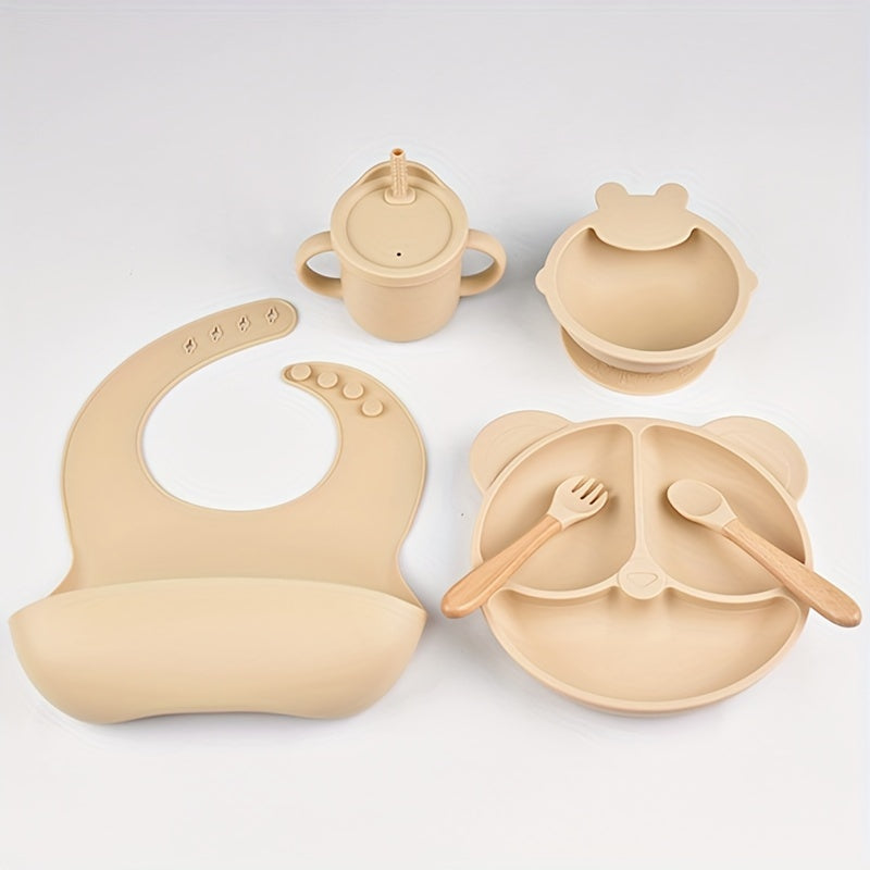 6 Piece BPA Free Silicone Baby Feeding Set for Toddlers - Includes Suction Plate, Bowl, Bib, Sippy Cup, Fork & Spoon - Food Grade Flatware for Ages 0-3 Years