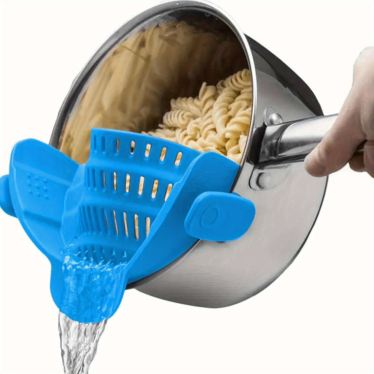 Adjustable clip-on strainer for pots and pans, made of plastic. Perfect for straining pasta, meat, vegetables, and fruit. An essential kitchen colander accessory.