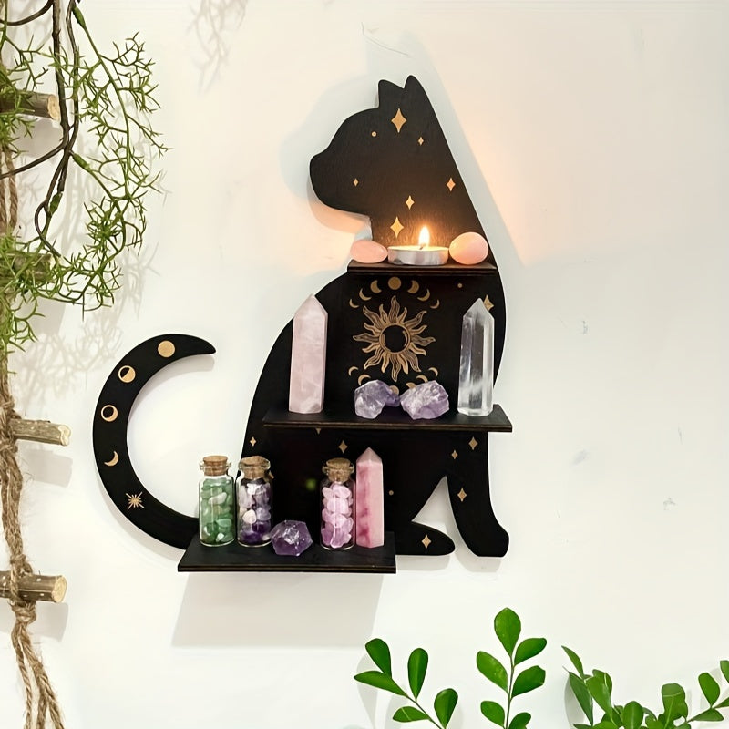 Black cat wall shelf for living room or bedroom decoration, perfect for plants, crystals, and scented candles for special occasions.