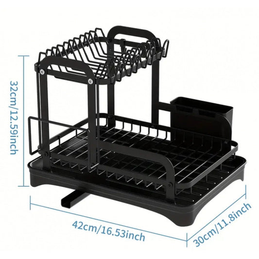 A steel dish rack set with two tiers, a draining board, and various kitchen accessories, designed for maximizing space and drying capacity above the kitchen sink and on the countertop.