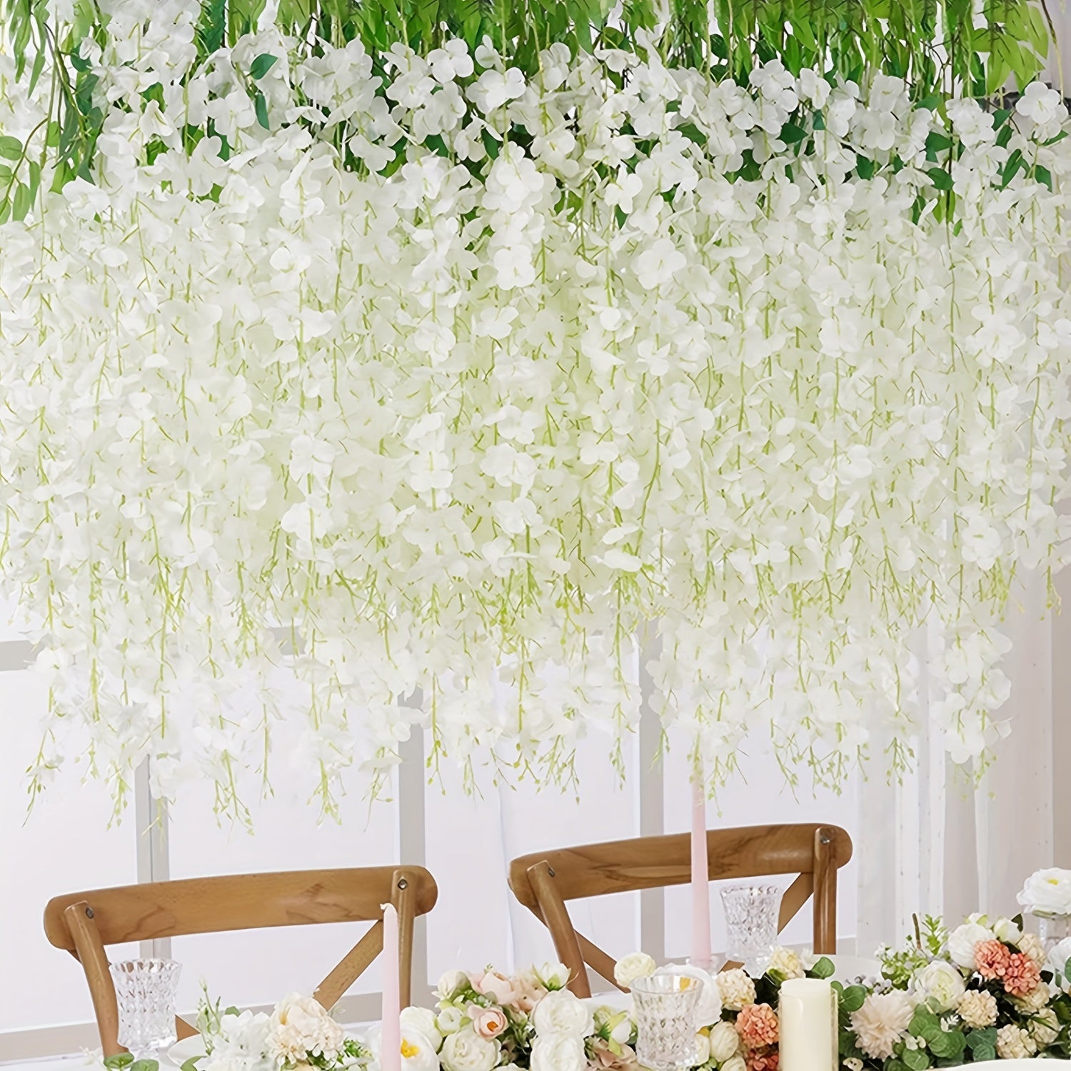 12 artificial wisteria garlands bring garden style to wedding parties and outdoor ceremonies without feathers.