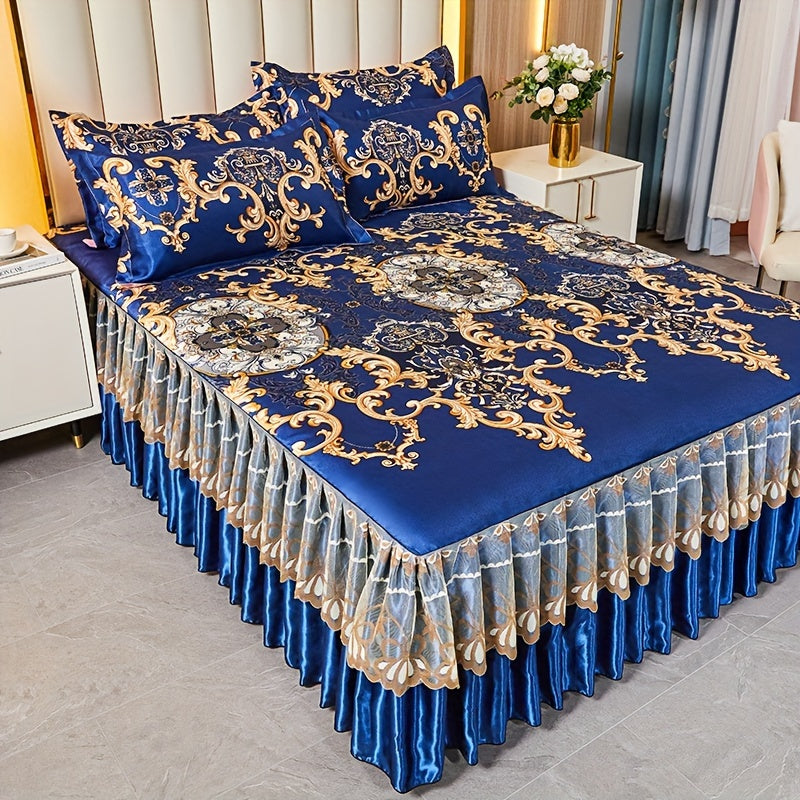 Jacquard Bed Skirt Set with Pillowcases, featuring a charming Lace Hem and Floral Pattern. Made of Soft and Comfortable 100% Polyester, this set is machine washable for easy care. Available in Contemporary Style with a Woven Fabric design, weighing 120g.