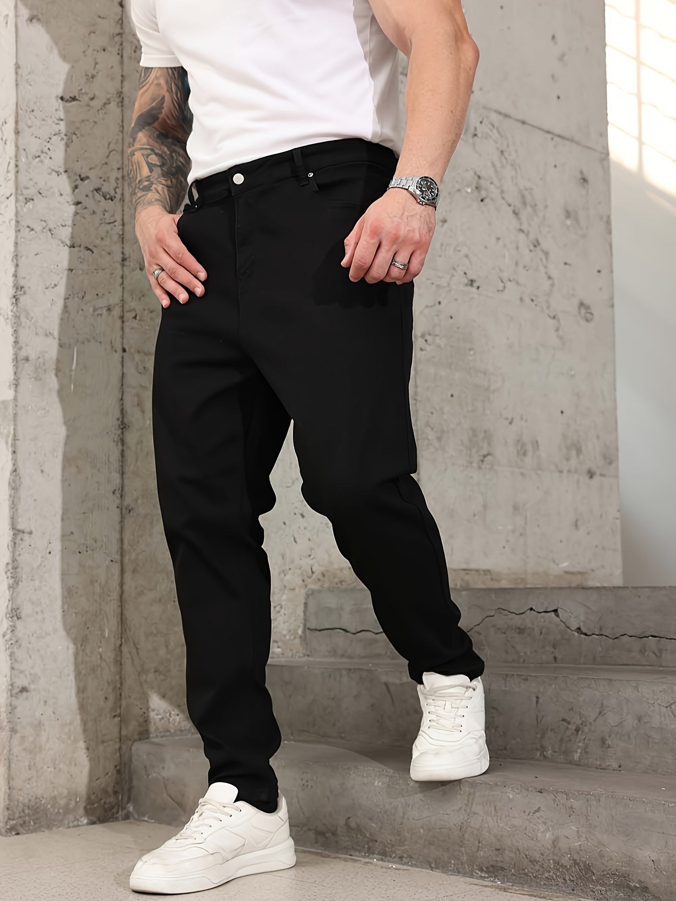 Plus Size Men's Skinny Jeans in Black with Stretch, Comfort Fit, Pockets, and Durability | Machine Washable for All-Season Wear