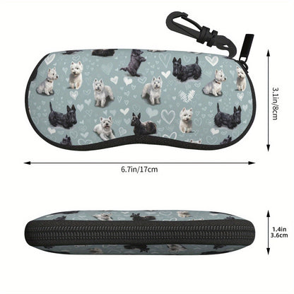 This fashionable neoprene glasses case features a Westies and Scottie Dogs print, along with a matching Scottish Terrier print keychain. It is waterproof, portable, ultra-light and soft, making it perfect for storing reading glasses or sunglasses