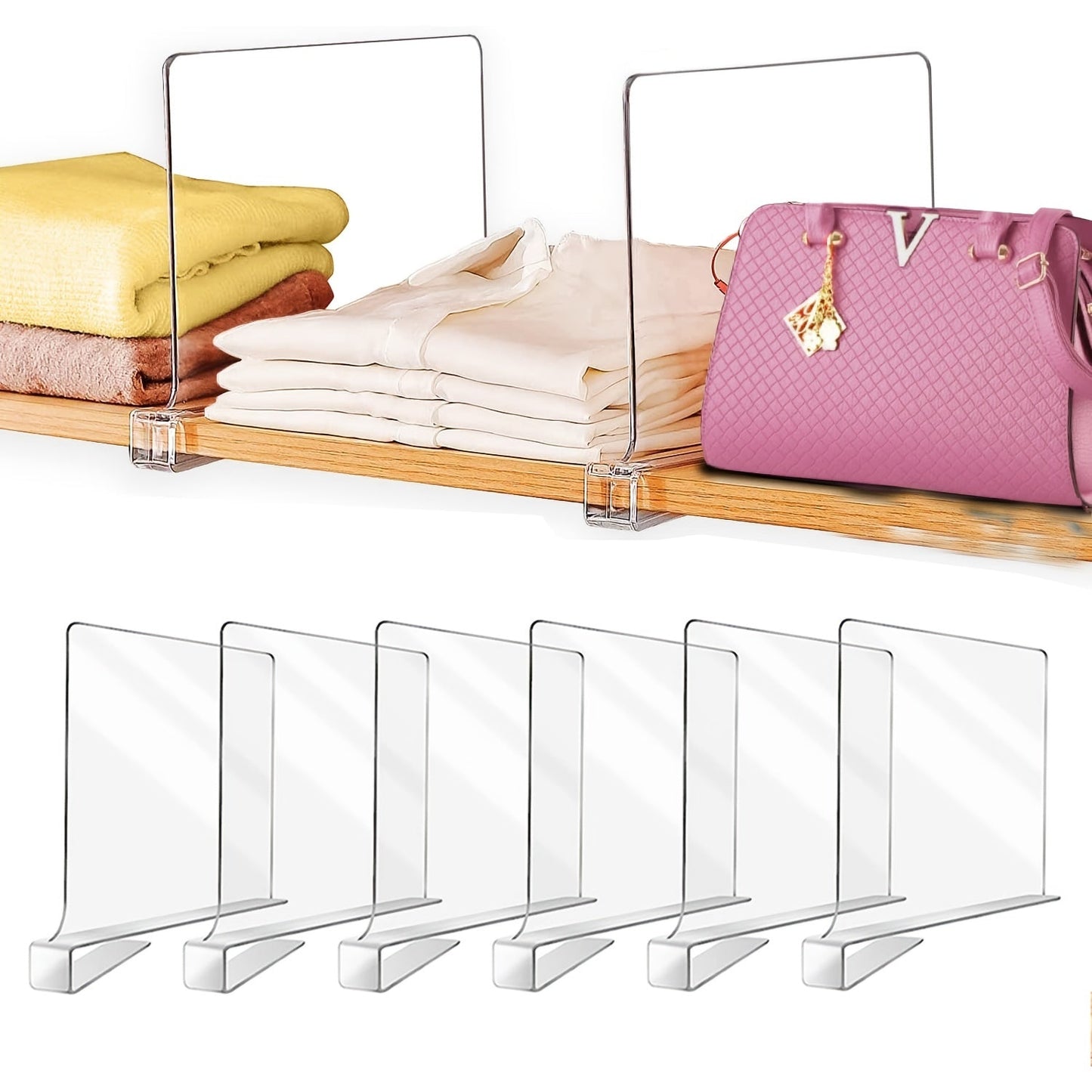 Clear Plastic Bag Storage Dividers in sets of 2, 4, 6, 8, and 12. These detachable cupboard shelves come with nonslip feet, perfect for organizing books and other items in your closet, bathroom, or office. Ideal for L-shaped storage shelves, this