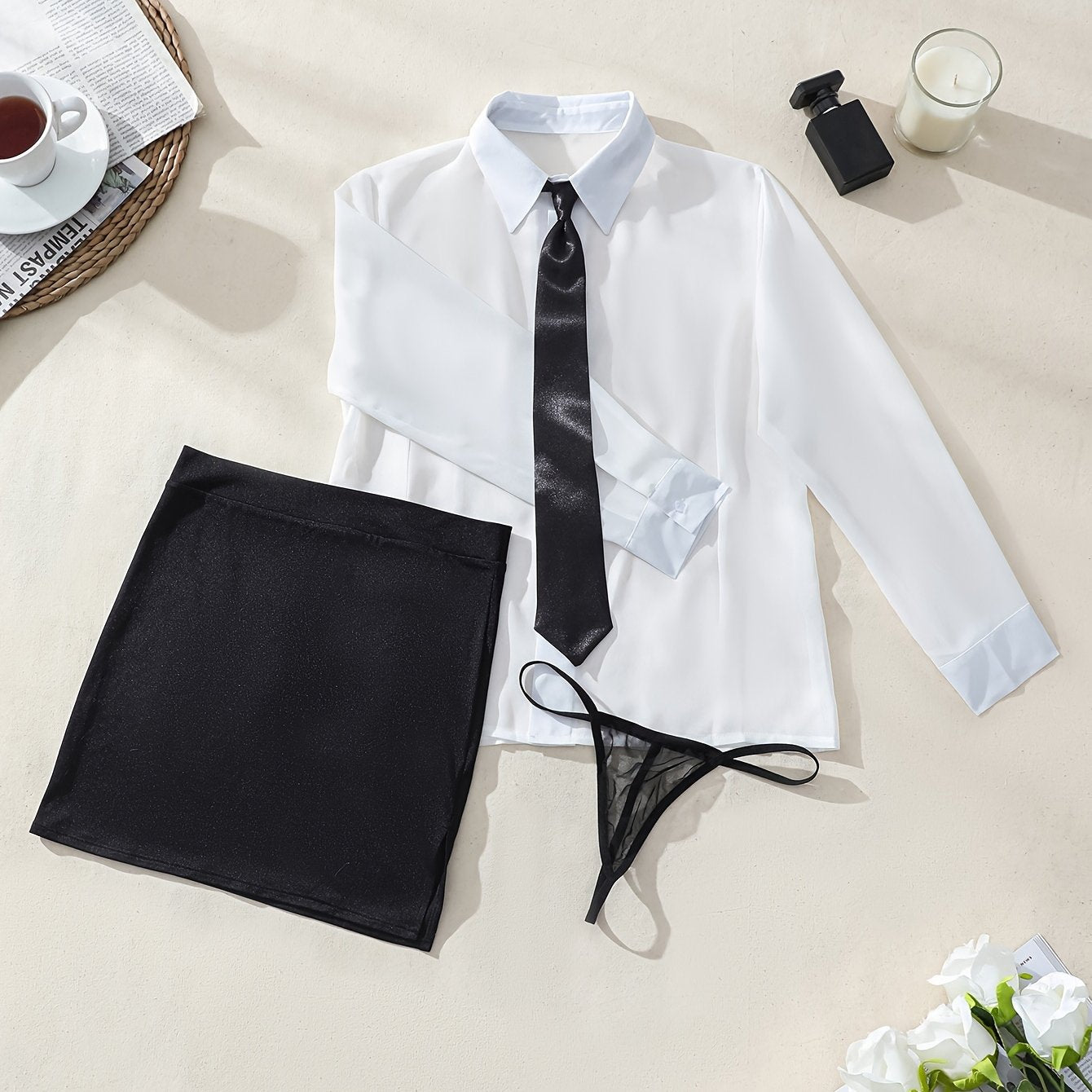 Seductive office attire includes sheer shirt, bodycon skirt, thong, and tie for women.