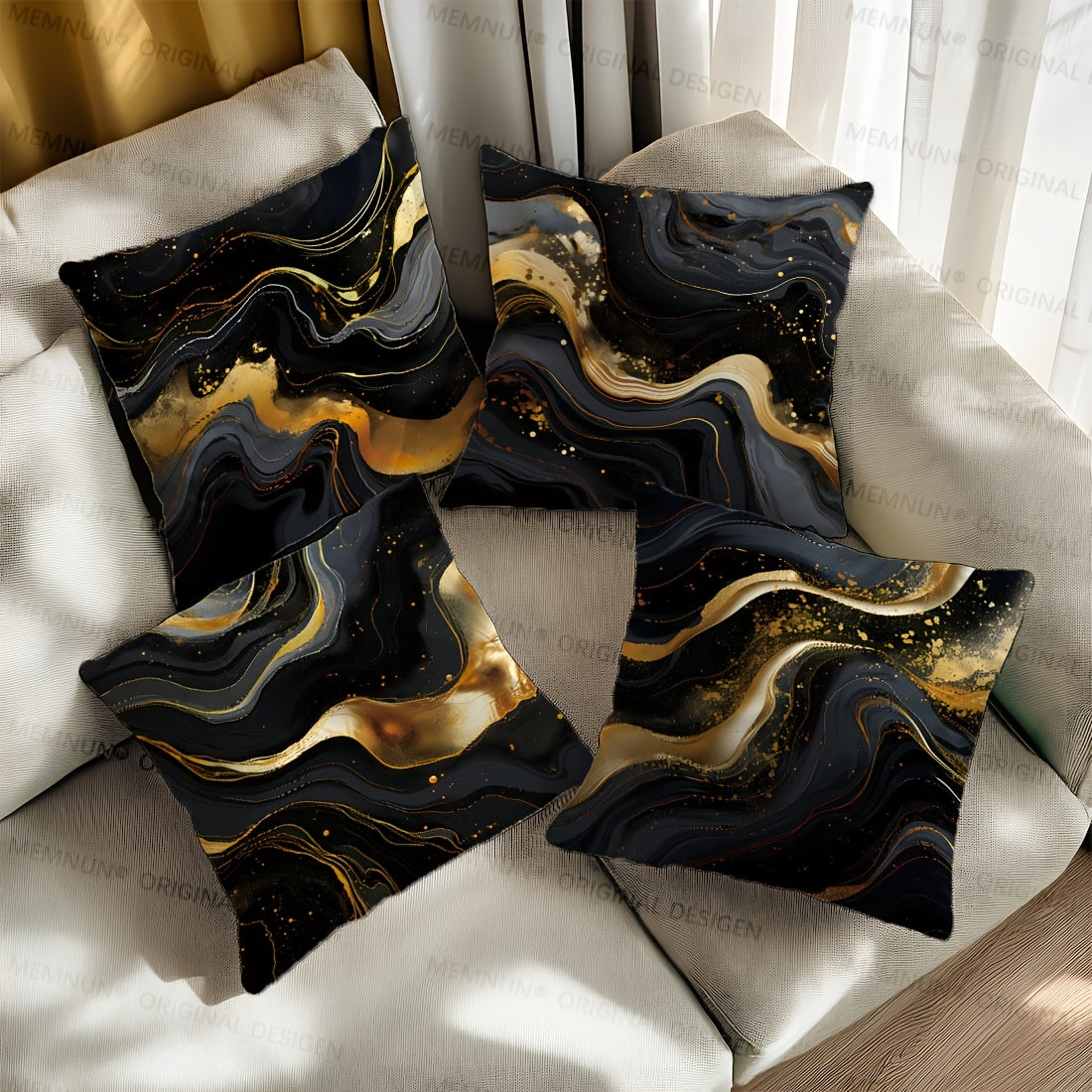 Set of 4 Black and Gold Fluid Painting Pillow Covers, Contemporary Style, 100% Polyester, Home Decoration, 17.71''x17.71''/45cm*45cm