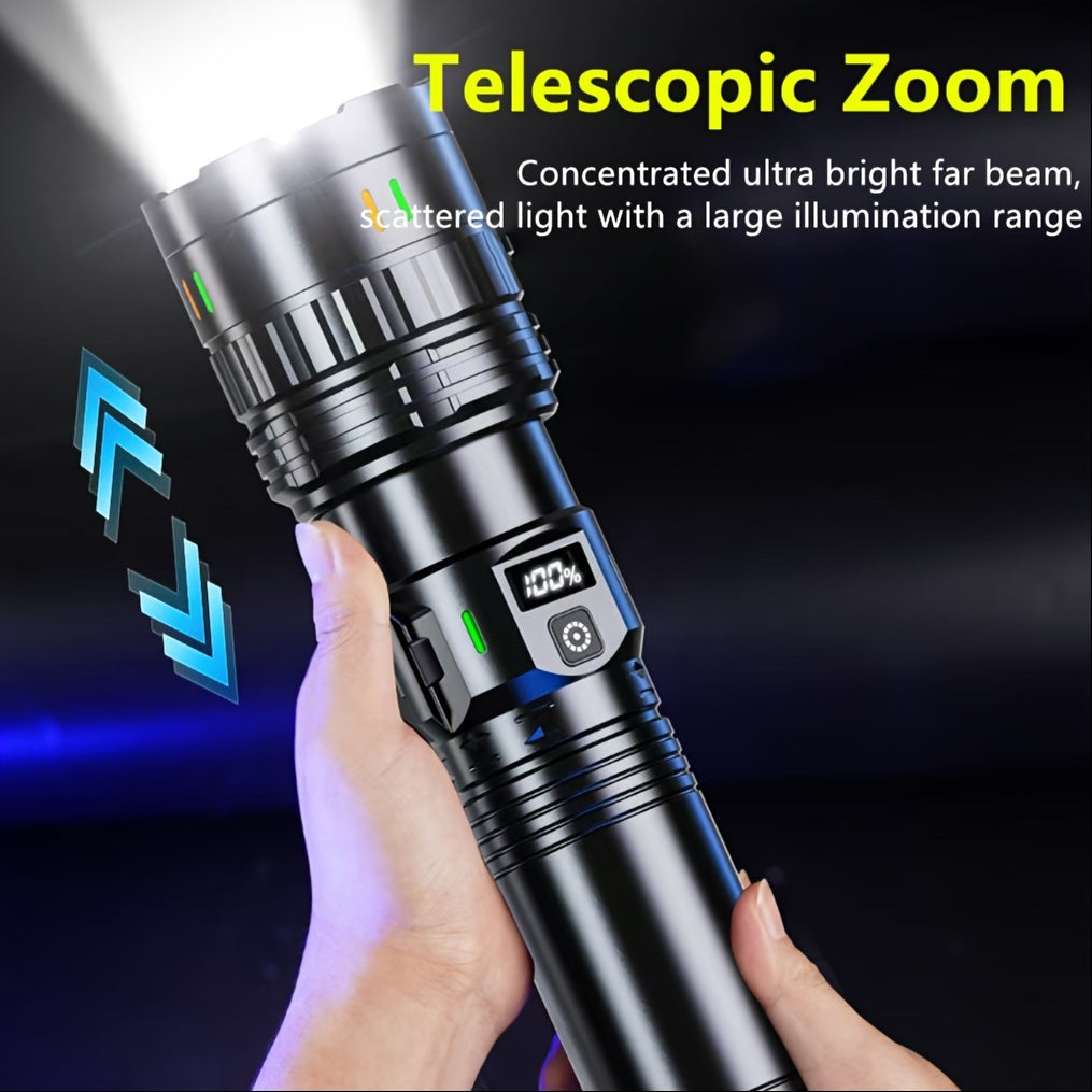 Ultra bright LED flashlight with 1000 lumens, 4 modes, 200m range, and adjustable beam. Includes a 3600mAh lithium battery that is USB Type-C rechargeable. Made of ABS material and suitable