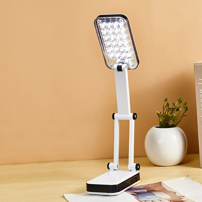 Compact LED desk lamp with eye protection, dual power options, and foldable design - perfect for students reading in dorms and bedrooms.