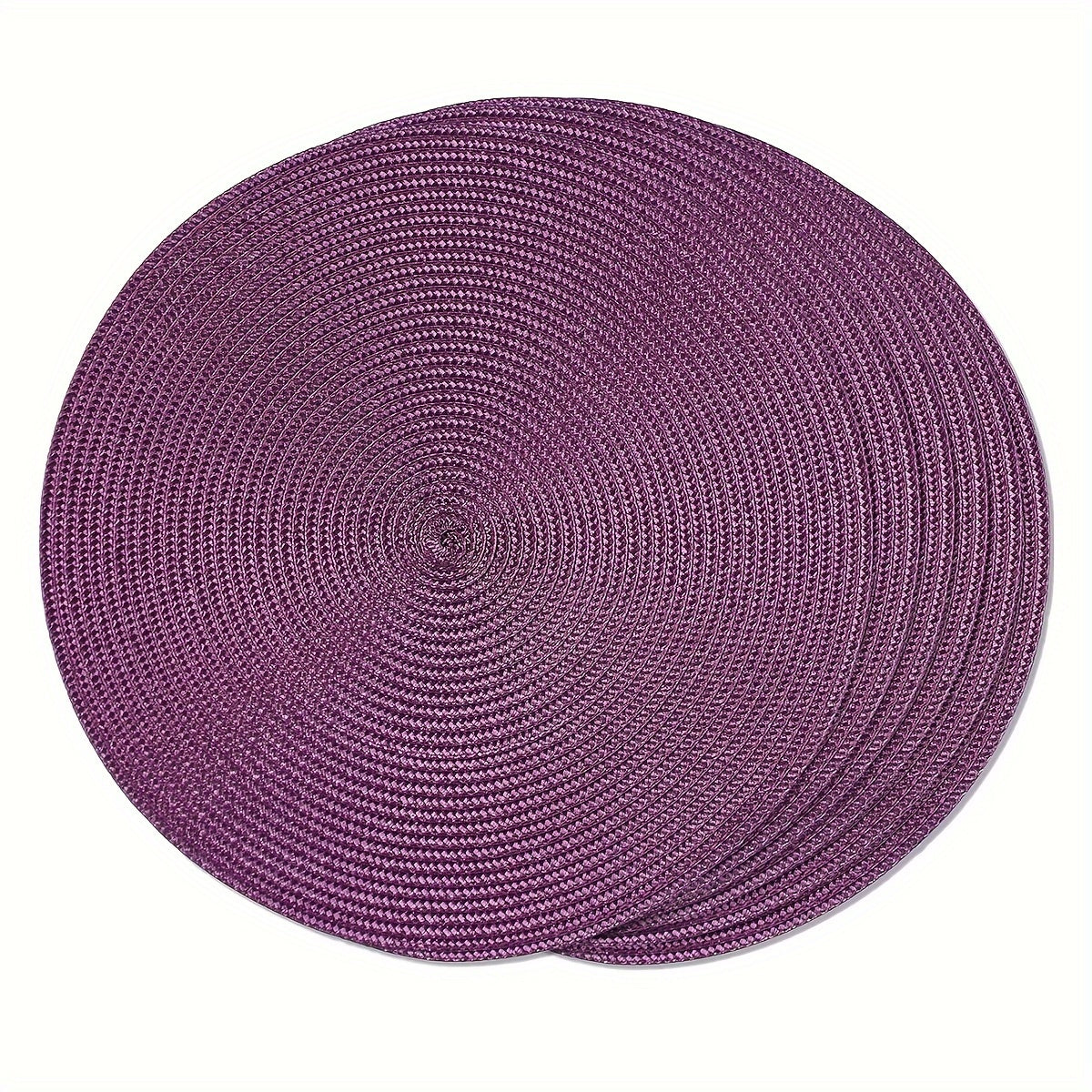 6 round woven PP placemats 38.1cm in size, washable, non-slip, insulated, ideal for table decoration at home or holiday parties.