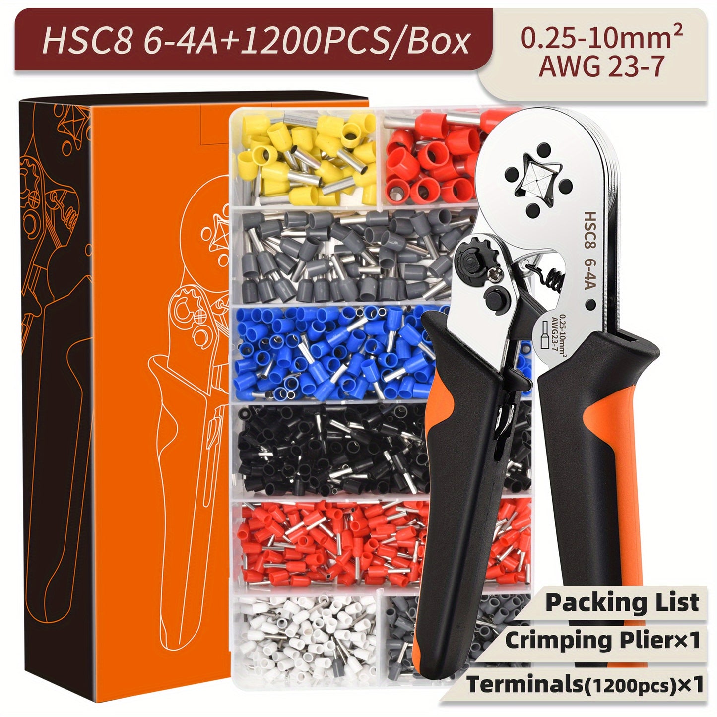 1 Set Ferrule Crimping Tool Kit with 1200 PCS Wire Connectors, Ferrule Crimper for Insulated Electrical Ferrules 23-7 AWG (0.25-10 mm²)