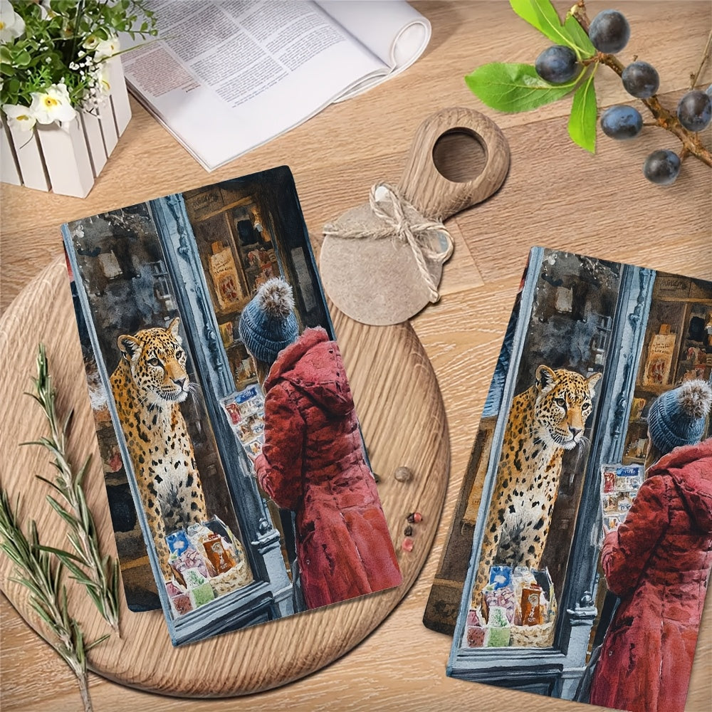 Set of 2 Ultra Soft Kitchen Towels featuring a Whimsical Leopard & Human Encounter Design, Made with Highly Absorbent Polyester Material. Easily Machine Washable, each towel measures 40.64x60.96 cm - Perfect for Holiday Decor and practical use as Dish