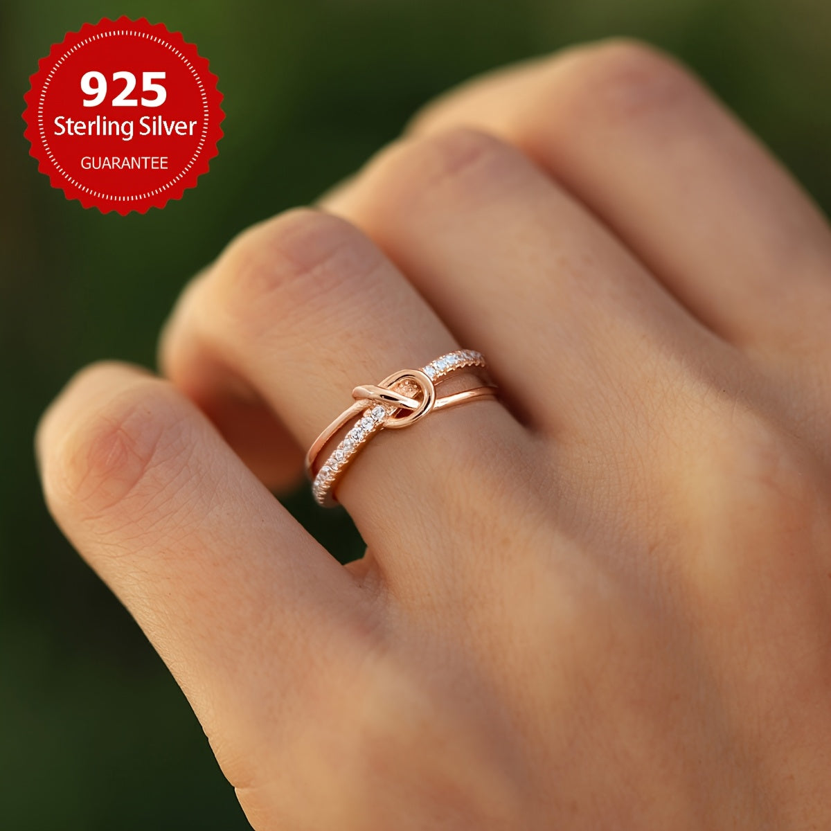 Elegant 925 Sterling Silver Double Knotted Ring with Rose Golden Plating and Synthetic Zirconia, a Luxurious Piece of Women's Jewelry Suitable for Daily Wear and Vacation. Makes for the Perfect Valentine's Day Gift.