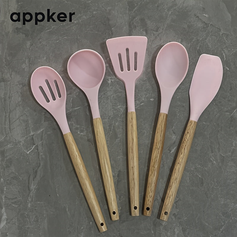 Appker's 5-piece Silicone Kitchen Utensil Set features Non-Stick, Safe Cooking Tools with Wooden Handles. Washable and Modern, this set is Perfect for Home Chefs.