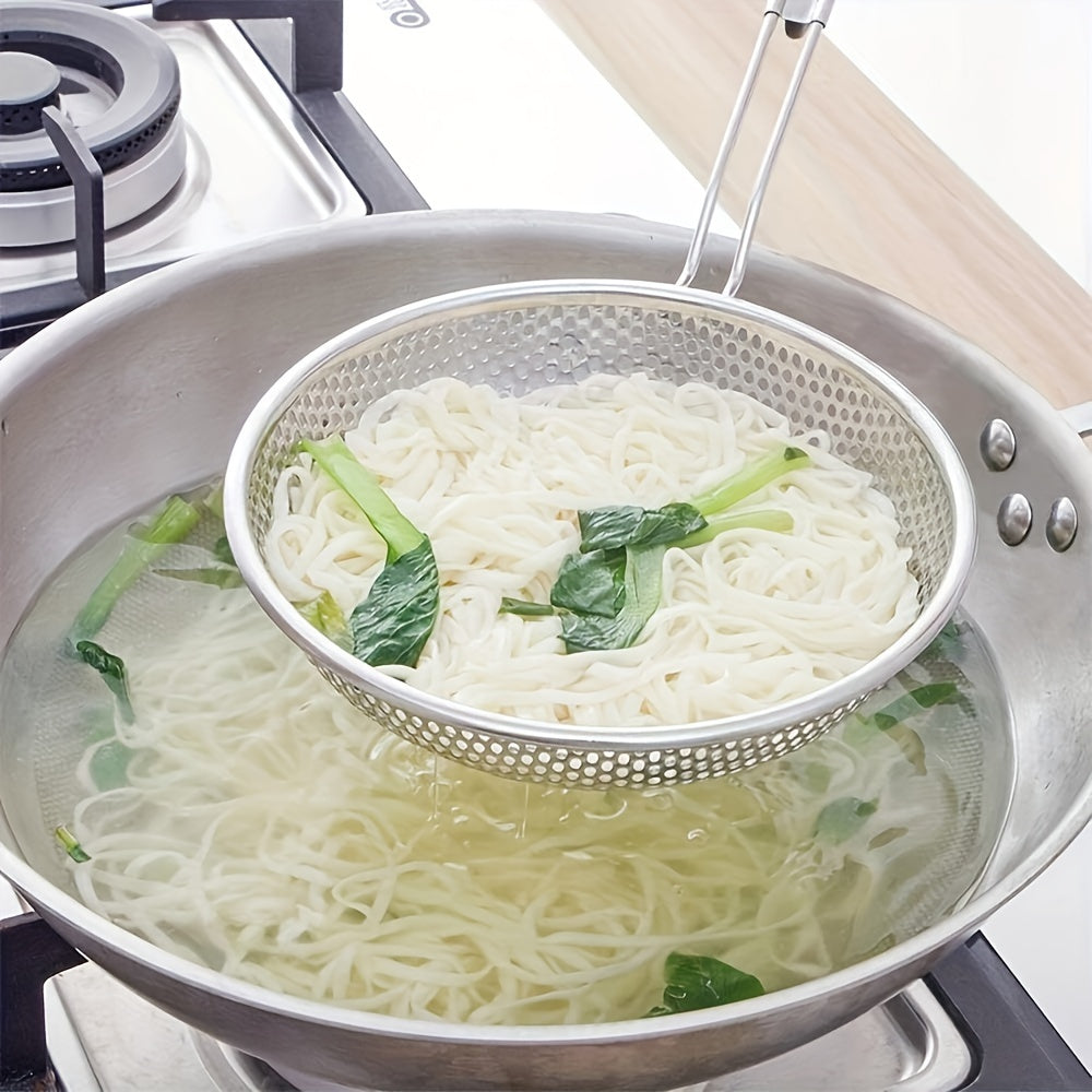 Top-quality Stainless Steel Colander with Wooden Handle - Strainer Spoon with Fine Mesh for Cooking, Meal Preparation & Oil Straining - Great for Spaghetti & Ramen, Excellent for Household and Dining Establishments.