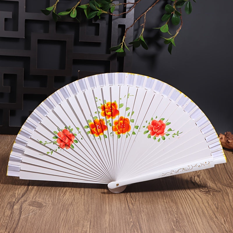 Wooden Spanish folding fan for dancing and home decoration with printed design, conveniently folds for easy storage.