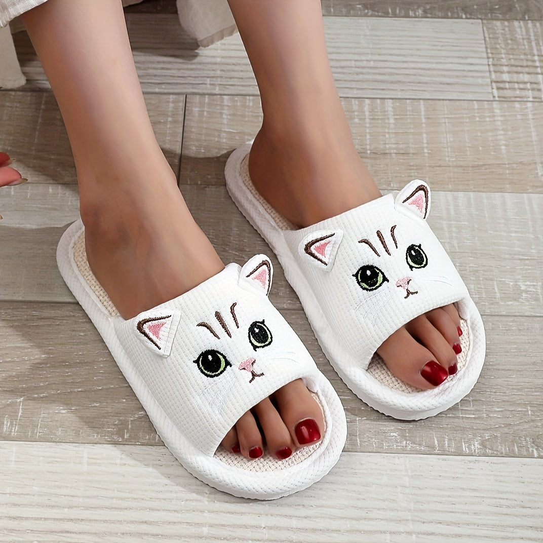 Cartoon home slippers with soft linen sole, lightweight and breathable.