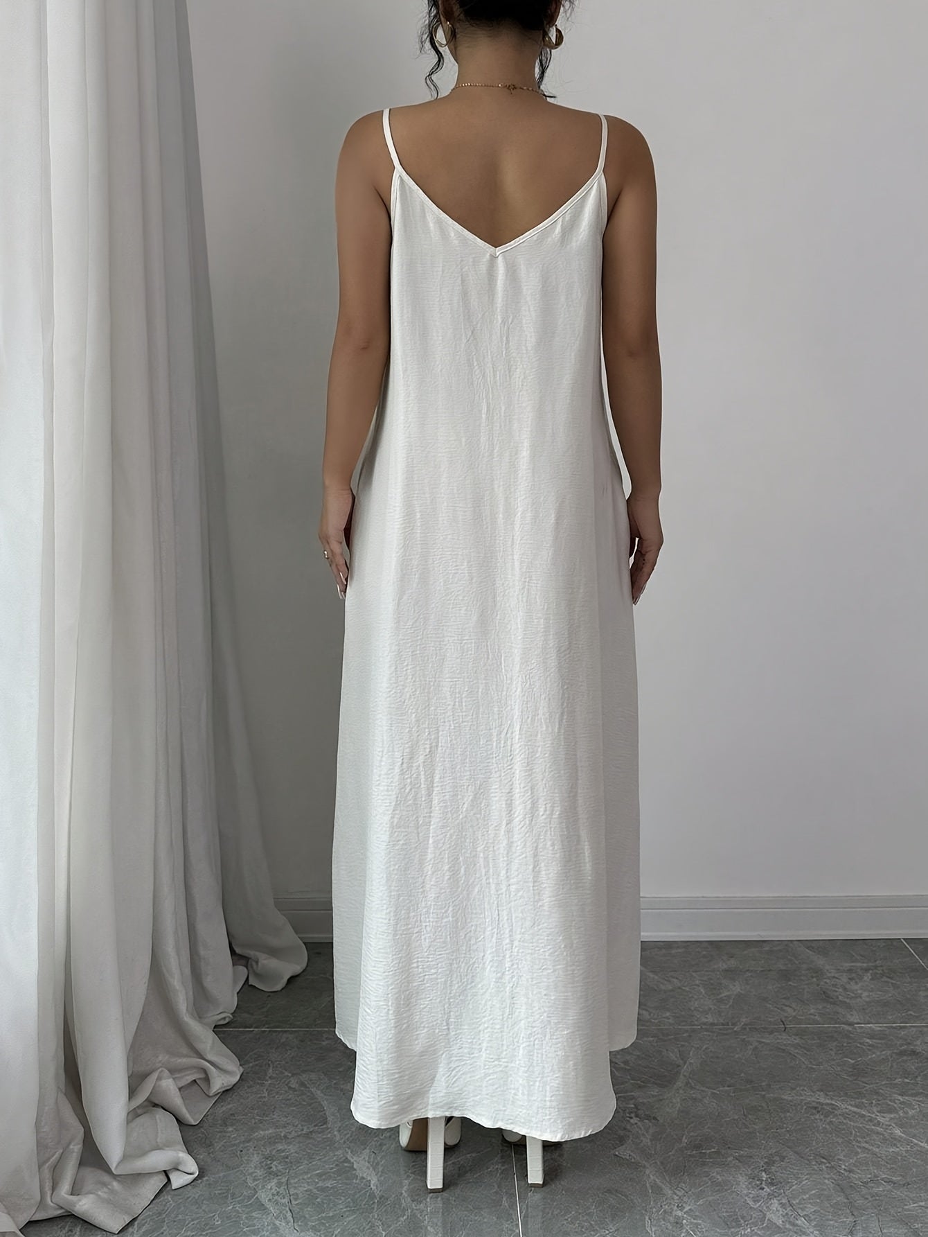 White V-Neck Maxi Dress, Solid Color Slip Dress.