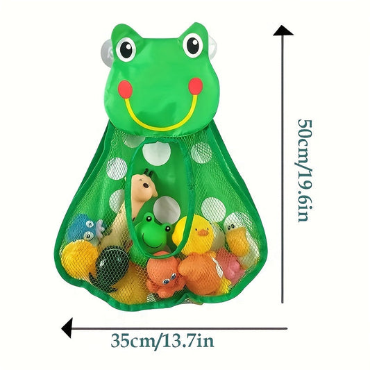 Large capacity mesh storage bag featuring cartoon animal designs, including a duck, frog, tiger, and panda. Comes in a 1-piece set with suction cups for hanging. Can be used for storing toys or other items. Measures 39.98 * 31.98 cm.