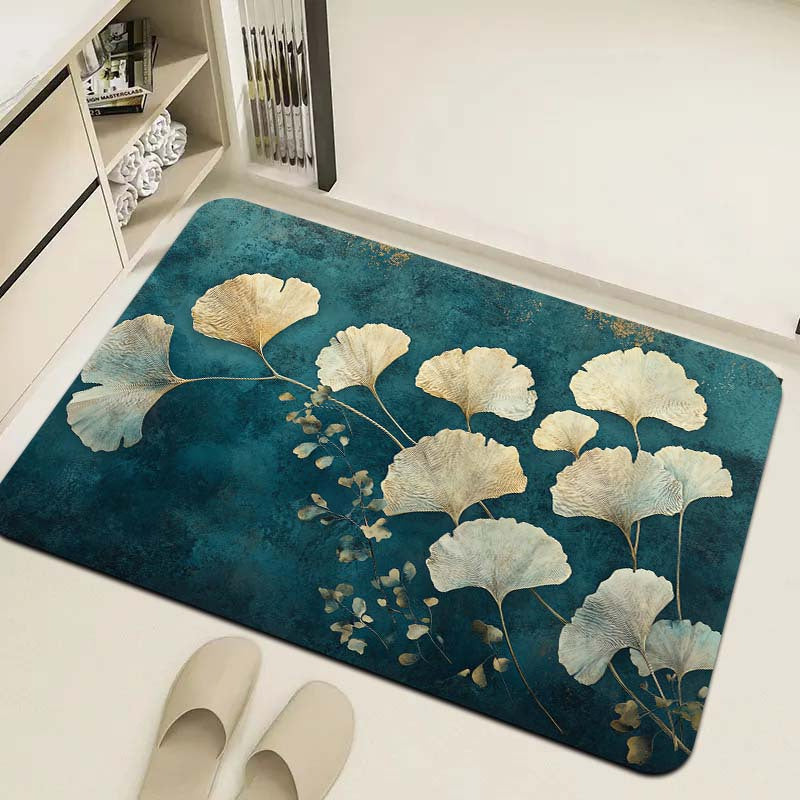 This retro-style Ginkgo Leaf pattern floor mat is 8mm thick and made from soft, high-quality material. It is suitable for use in the kitchen, living room, or bedroom. This durable mat is machine washable and can be used as an entrance door mat or