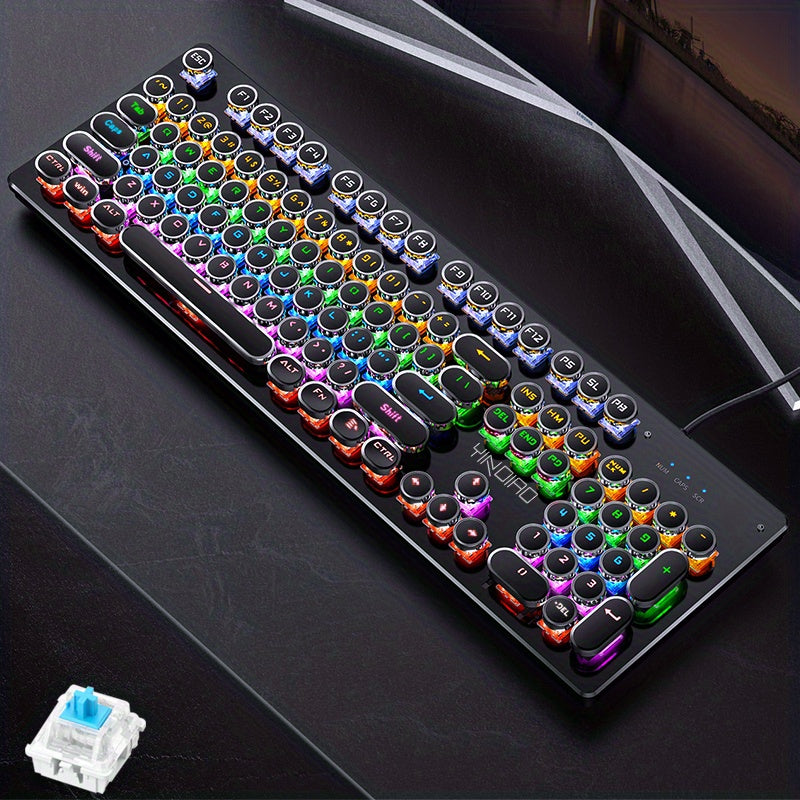 YinDiao Caller Mechanical Keyboard with 104 Keys, Green Axis Backlit design perfect for Office and E-sports Gaming, Wired USB compatible with Desktop Computers and Notebooks.