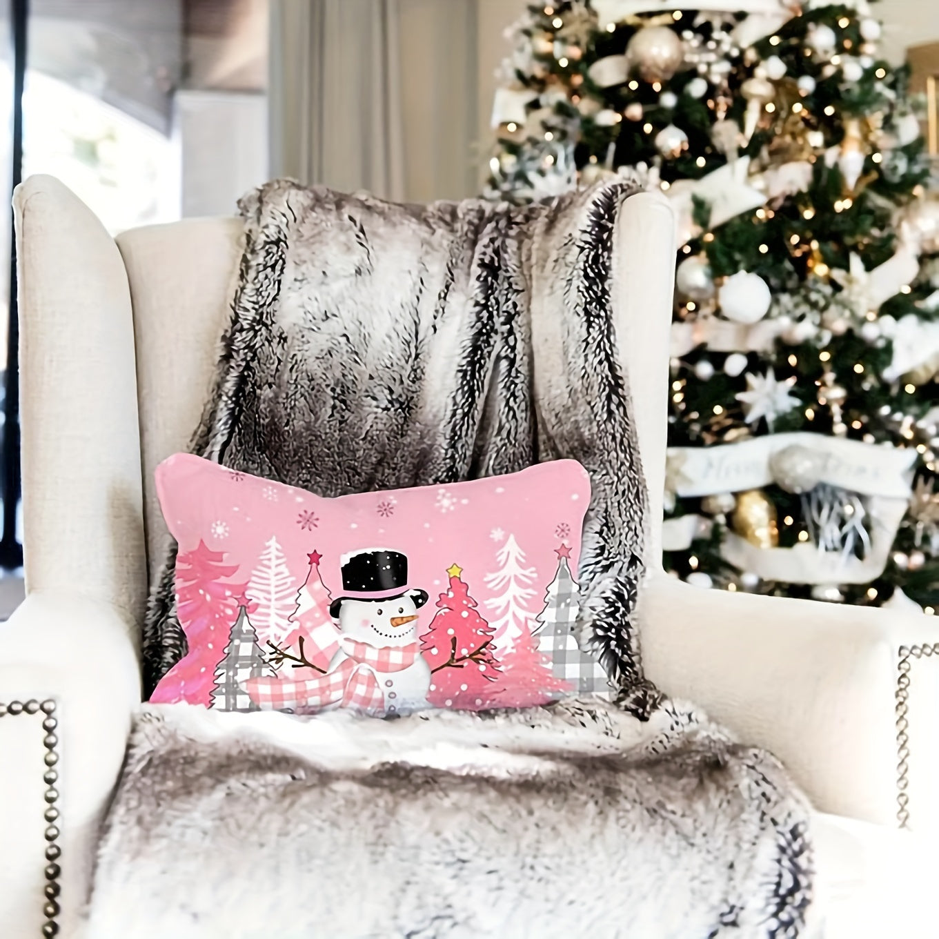 Pink Christmas Pillow Cover - Measures 12x20in/30x50cm - Modern Design - Easy to clean in washing machine - Features Zip Closure - Perfect for adding a touch of holiday spirit to your living room - Made from durable woven polyester fabric.