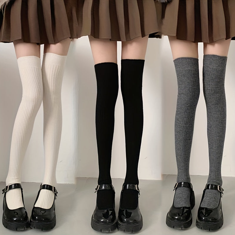 Autumn/Winter Long Stockings for Women in Japanese High Vertical Stripes, Black, Thickened for Warmth. Available in 1, 2, or 3 Pairs.