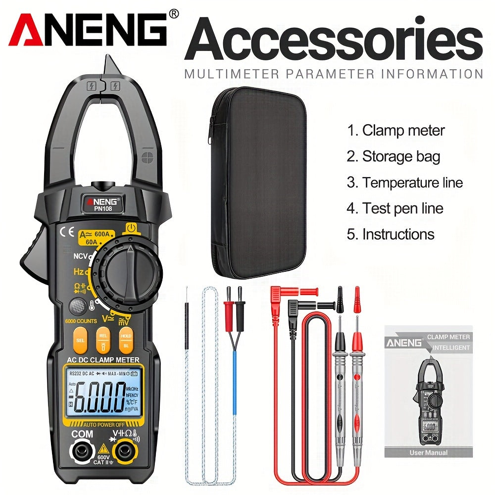 ANENG PN108 Clamp Meter with 6000 counts for measuring AC/DC voltage, 600A current, resistance, capacitance, and high precision testing.