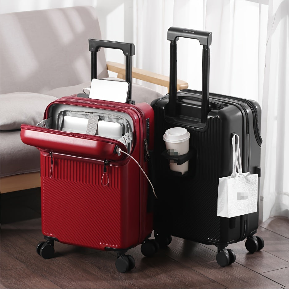 Compact 20-inch carry-on with cup holder and retractable handle.