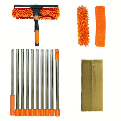 The 2-in-1 Window Cleaning Kit includes a double-sided squeegee and microfiber cloth with a telescopic handle. This reusable tool has a hard firmness for outdoor glass cleaning, no electricity needed. Available in Orange/Grey/Blue.