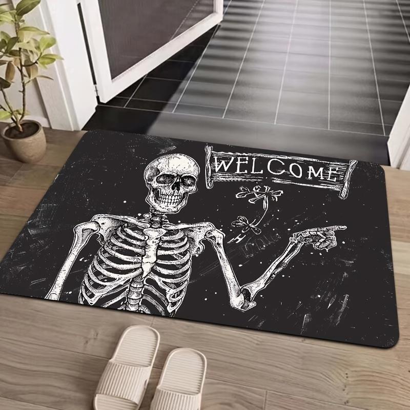 Skeleton Welcome Doormat - Machine Washable Polyester Flannel Indoor Mat with PVC Backing, Rectangle Textile Mat for Laundry, Bathroom, Kitchen, Living Room, Bedroom Entrance Decoration - Area Mat that is Washable