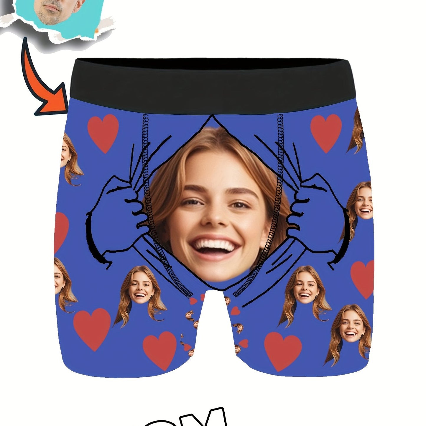 Custom shortie polyester boxers with medium stretch, portrait pattern design, and personalized photo, suitable for Dad, Husband, or Boyfriend. Funny and unique gift option.