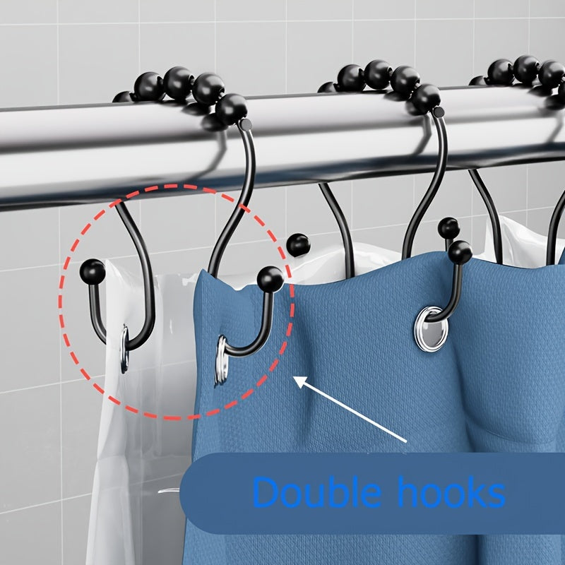 Set of 6 stainless steel shower hooks with double glide design for easy opening and closing, compatible with most rods and liners.