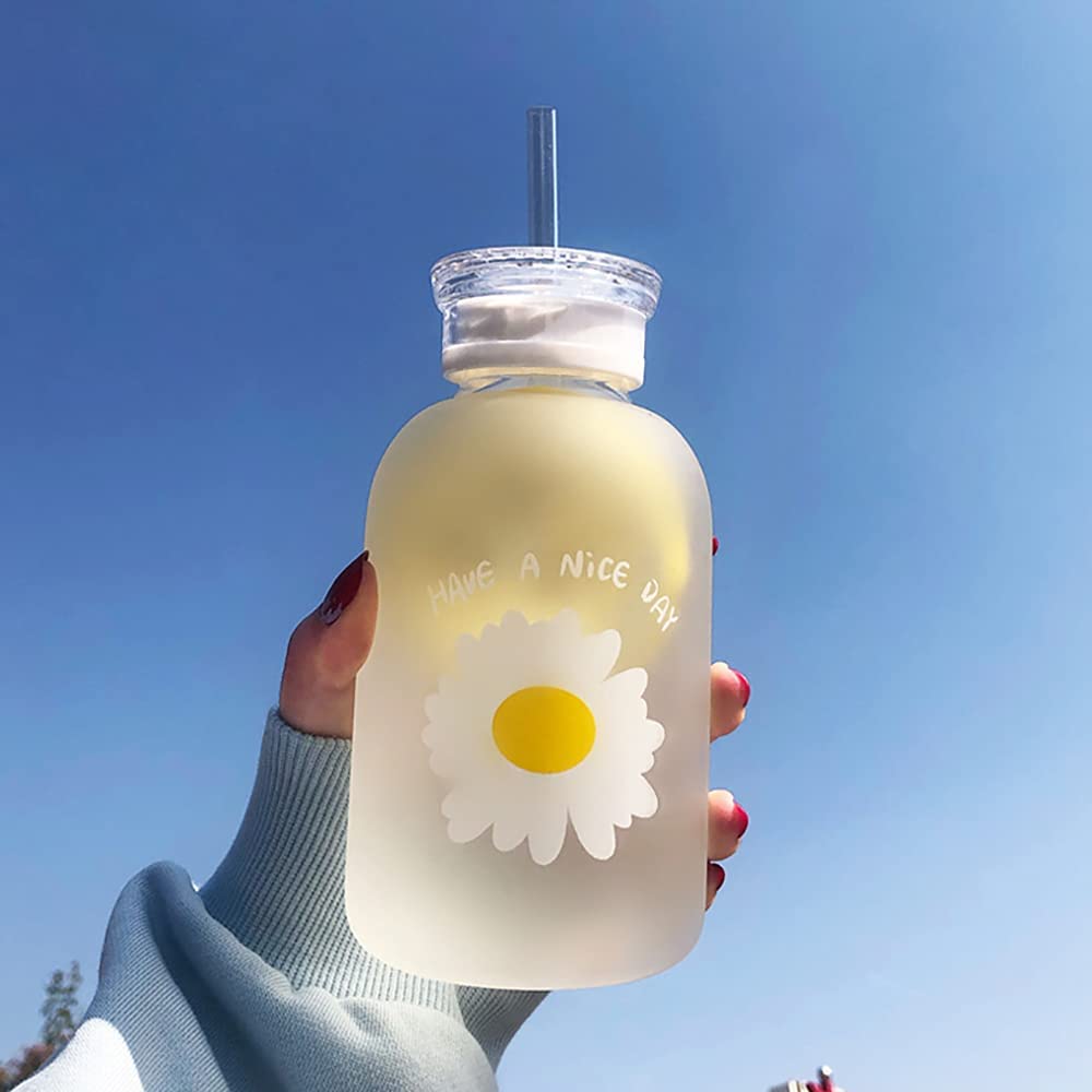 1 Matte glass water bottle with straw and scale, featuring a cute daisy sunflower design. Portable, convenient, perfect for back to school supplies.